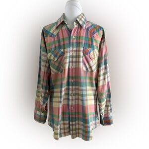 Vintage Western Yoke Pale Pastel Plaid Button Front Light Weight Shirt